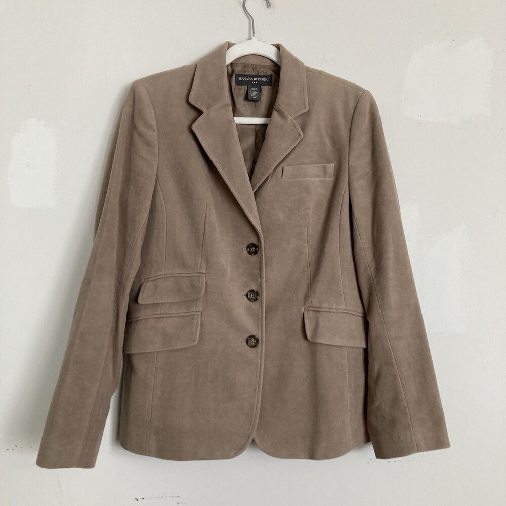 Banana Republic Blazer Jacket 10 Cotton Elbow Patches Taupe Academia Classic